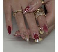 MouyouGlow Press on Nails Corto, Flores de almendra Floral Floral 3D Oro Aura Ondulado Cromo Glazed Donut Hailey Bieber Verano Falso Nails, Flowers INS Uñas Artificiales