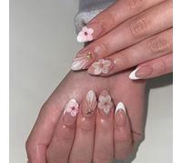 MouyouGlow Press on Nails Corto, Gradiente de Almendra Blanco French 3D Flores Floral Estrella de Mar Ondulada Diseño de Perla Almendra Y2k Fake Nails con pegamento para uñas, White Tips Flowers