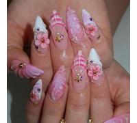 MouyouGlow Press on Nails Corto, Gradiente de Almendra Lila French 3D Flores Floral Pearl Estrella de Mar Diseño almendra Fake Nails, Violeta Tips Strass Sweet Summer INS Artificial Uñas Artificiales