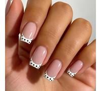 MouyouGlow Press on Nails Corto, Puntos Blancos French Sheer Nude Rosa Diseño Base Corto Fake Nails, White Polka Dots Tips Natural Pink Summer INS Artificial Uñas Artificiales