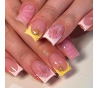 MouyouGlow Press on Nails Corto, Puntos Rosa Cuadrado French 3D Striped French Flores Floral Estrella De Mar Oro Beads Diseño Corto Falso Nails, Yellow Pink Flower Summer INS Artificial Uñas