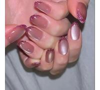MouyouGlow Press on Nails Corto, Redondo Rosa Rosa Rosa Brillante French Cat Eye Diseño Magnético Corto Fake Nails, Pink Bling Tips Phototherapy Verano INS Sweet Artificial Uñas Artificiales
