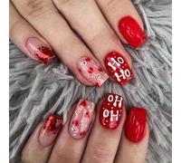 MouyouGlow Press on Nails Corto, Square Christmas 3D Rojo Glitter French Corazón Candy Cane Cute Christmas XMAS Fake Nails con pegamento para uñas, puntas rojas para el invierno, Año Nuevo uñas