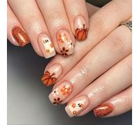 MouyouGlow Press on Nails Corto, Square Halloween Fantasma Soul Ghost Flor Naranja Pumpkin French Bling Design Fake Nails con pegamento para uñas, bonitas uñas artificiales de dibujos animados
