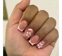 MouyouGlow Press on Nails Corto, Square Nude Rosa Blanco French Hibiscus Flores Diseño Floral Fake Nails con Pegamento para Uñas, Base Rosa Natural White Tips Flowers Sweet INS Uñas Artificiales