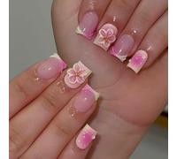 MouyouGlow Press on Nails Corto, Square Nude Rosa Gradient Blush French 3D Striped Floral Golden Beads Design Short Fake Nails with Nail Glue, Ombre Pink Flowers Summer INS Artificial Fingernails