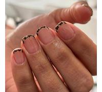 MouyouGlow Press on Nails Corto, Square Nude Rosa Leopardenmuster French Design Short Fake Nails, Leopard Tips Pink Natural Otoño Invierno INS Artificial Artificial Nail