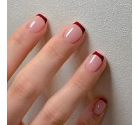 MouyouGlow Press on Nails Corto, Square Nude Rosa Rojo Burgundy French Design Short Fake Nails, Wine Red Tips Pink Natural Base Verano INS Sweet Artificial Uñas Artificiales