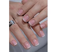 MouyouGlow Press on Nails Corto, Square Rosa Blanco Diseño Francés Fake Nails, Pink Base White Tips Artificial Uñas Artificiales para Mujeres y Niñas