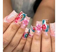 MouyouGlow Press on Nails Corto, Square White French 3D Floral Gold Beads Y2K Design Fake Nails with Nail Glue, White Tips Pink Flowers Summer INS Artificial Fingernails