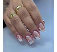 MouyouGlow Press on Nails Corto, Square White French Twill Glitter Nude Base Design Fake Nails, White Tips Bling Shimmer Striped Natural Verano INS Artificial Uñas Artificiales