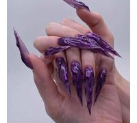 MouyouGlow Press on Nails Extremadamente Largo, Stiletto Halloween Magic Mirror Lila 3D Ondulado Fuego Gótico Fake Nails con pegamento para uñas, Uñas Artificiales Purple Fire