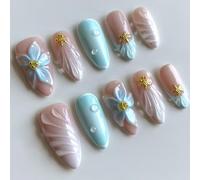 MouyouGlow Press on Nails Kurz,Almond Blau French 3D Bubble Blumen Floral Strand Wellen Meerstarne Fake Nails,Blue Tips Flowers Y2k Artificial Fingernägel
