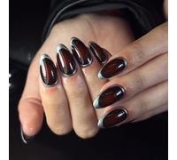 MouyouGlow Press on Nails Kurz,Almond Burdeos Red Silver French Círculos Nails Fake Nails con pegamento para uñas, Dark Wine Red Silver Artificial Nail Nail