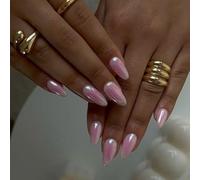 MouyouGlow Press on Nails Kurz,Almond Chrome Rosa Airbrushing Elegance Design Short Almond Salonqualität Mirror Glazed Fake Nails,Pink Colour Shiny Gel Artificial Fingernägel