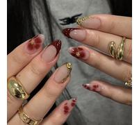 MouyouGlow Press on Nails Kurz,Almond Coffee Gold Striped French 3D Blumen Floral Wavy Design Almendra Y2k Fake Nails mit Nagelkleber,Brown Tips Flowers INS Artificial Fingernagels