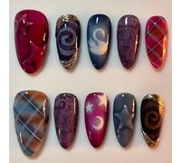 MouyouGlow Press on Nails Kurz,Almond Gold French 3D Sterne Mond Swan Kariert Design almendra Y2k Fake Nails mit Nagelkleber,Stars Moon Swan Checkered Sommer Sweet künstliche Fingernägel