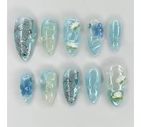 MouyouGlow Press on Nails Kurz,Almond Gradient Sky Blau 3D Silber Schmetterling Blumen Floral Glitzer Design Almendra Short Sea Fake Nails,Silver Butterfly Sweet Sommer INS künstliche Fingernägel