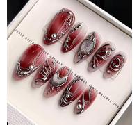 MouyouGlow Press on Nails Kurz,Almond Gradient Vino Rojo French 3D Plata Mariposa Corazón Diseño Almendra Short Y2K Fake Nails,Red Silver Butterfly Love Primavera Otoño INS Uñas Artificiales