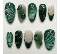 MouyouGlow Press on Nails Kurz,Almond Grün French 3D Bubble Water Rib Sterne Design Cat Eye Magnetic Y2K Fake Nails,Green Tips Wavy Phototherapy Artificial Fingernägel