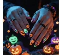 MouyouGlow Press on Nails Kurz,Almond Halloween Festival Ombre Negro French Moon Designs Horror Creepy Fake Nails mit Nagelkleber,Gradient Black Crescent Moon Artificial Fingernägel