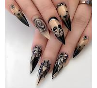 MouyouGlow Press on Nails Kurz,Almond Halloween Nude Gradient Schwarz Ghostface Herz Rose Crystal Horror Creepy Fake Nails mit Nagelkleber,Natural Ombre Black Skull Strass künstliche Fingernägel