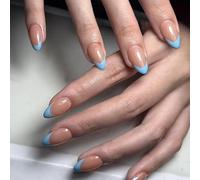 MouyouGlow Press on Nails Kurz,Almond Nude Baby Blau French Design Almendra Short Fake Nails,Nudefarben Base Blue Tips Sweet Sommer INS Artificial Nails für Frauen