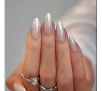 MouyouGlow Press on Nails Kurz,Almond Nude Glazed Donut Blanco Lácteo Sheer Hailey Bieber Fake Nails con pegamento para uñas, uñas artificiales de cromo blanco lechoso