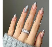 MouyouGlow Press on Nails Kurz,Almond Nude Silber French Milchig Sheer Glitzer Snowcope 3D Christmas XMAS Fake Nails mit Nagelkleber Nagels, Silver Tips Snow Winter Artificial Fingernägel