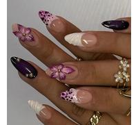 MouyouGlow Press on Nails Kurz,Almond Nude White Leopard French 3D Bubble Lila Hibiscus Flowers Coquette Fake Nails con pegamento para uñas, Purple Fresco Artificial Uñas