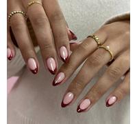 MouyouGlow Press on Nails Kurz,Almond Rot Burgundy French Design Short Glossy Almendra Fake Nails,Wine Red Tips Shiny Pure Colour Retro Chic Flair Otoño Invierno INS Artificial Nails Artificial