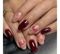 MouyouGlow Press on Nails Kurz,Almond Rot Burgundy Schleife Fliege Bow Tie Sterne Diamant Design Short Glossy Almendra Fake Nails,Wine Red Strass Shiny Pure Colour INS Artificial Fingernägel