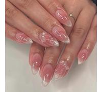 MouyouGlow Press on Nails Kurz,Almond Valentine Gradient Blush 3D Schleife Fliege Bow Tie Cat Eye Magnetic Design Glitzer Short Fake Nails,Ombre Sweet Sommer INS Artificial Fingernägel