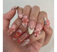 MouyouGlow Press on Nails Kurz,Almond Zebra French 3D Floral Pearl Seestern Gold Brads Design Almendra Y2K Fake Nails,Tips Pink Flowers Sommer Otoño INS Uñas Artificiales