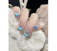 MouyouGlow Press on Nails Kurz,Square Nude Blau French Cat Eye Magnetic Design Fake Nails mit Nagelkleber,Blue Tips Phototherapy Sommer INS Sweet Artificial künstliche Fingernägel