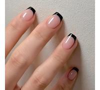 MouyouGlow Press on Nails Kurz,Square Nude Schwarz French Design Short Fake Nails,Black Tips Pink Natural Base Summer INS Sweet Artificial Fingernägel