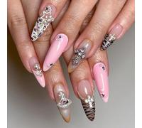 MouyouGlow Press on Nails Lang,Almond Leopard Zebra French 3D Crystal Cross Planets Charms Stars Silver Rose Fake Nails con pegamento para uñas, Y2k Rosa Diamante Artificial Uñas Artificiales