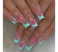 MouyouGlow Press on Nails Lang,Square Blau 3D Striped French Blumen Floral Gold Beads Design Fake Nails,Blue Tips Flower Sweet Summer INS Artificial FingerNail