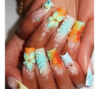 MouyouGlow Press on Nails Lang,Square Blau Orange 3D French Blumen Floral Striped Gold Beads Seestern Design Fake Nails,Blue Tips Flower Sweet Summer INS Artificial Fingernägel