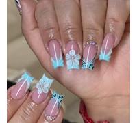MouyouGlow Press on Nails Lang,Square Blue Water Rib French 3D Floral Rhinestone Design Y2K Fake Nails mit Nagelkleber,Blue Leopard Tips Flowers Crystal Sommer INS Long Artificial Nails