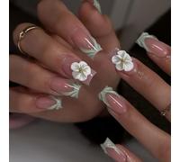 MouyouGlow Press on Nails Lang,Square Green French 3D Striped Floral Floral Design Fake Nails with Nail Glue,Green Tips Wavy Flowers Summer INS Sweet Artificial Fingernails