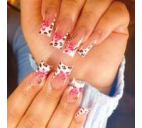MouyouGlow Press on Nails Lang,Square Leopard White French Floral Floral Fake Nails,White Base Leopardenmuster Flowers Artificial Fingernails