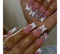 MouyouGlow Press on Nails Lang,Square Nude White French 3D Bow Tie Loop Floral Rhinestones Y2K Coquette Fake Nails Uñas postizas con pegamento para uñas, puntas blancas flores artificiales uñas