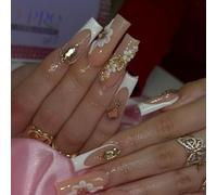 MouyouGlow Press on Nails Lang,Square Nude White French 3D Floral Butterfly Strass Y2K Coquette Fake Nails Uñas postizas con pegamento para uñas, puntas blancas, flores, mariposa, verano, uñas