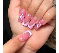 MouyouGlow Press on Nails Lang,Square Nude White French Floral Floral Floral Rosa Design Fake Nails with Nail Glue,White Tips Flowers Summer INS Sweet Artificial Fingernails