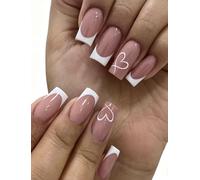 MouyouGlow Press on Nails Lang,Square Nude White French Heart Design Valentine Fake Nails with Nail Glue,Natural White Tips Love Summer INS Sweet Artificial Fingernails