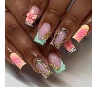 MouyouGlow Press on Nails Lang,Square Zebra French 3D Floral Pearl Stars Gold Aura Design Fake Nails,Green Tips Flower Sweet Summer INS Artificial Fingernails