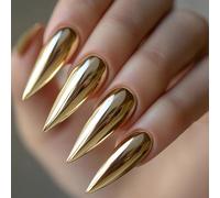 MouyouGlow Press on Nails Lang,Stiletto Gold Chrome Einfarbige Mirror Metallic Design Fake Nails,Yellow Spiegel Plain Pure Colour Artificial Fingernails