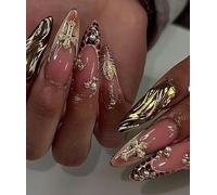 MouyouGlow Press on Nails Lang,Stiletto Nude Negro Leopard French 3D Golden Wavy Gems Cross Charms Prele Fake Nails con pegamento para uñas, puntas negras brillantes Y2K Coquette uñas artificiales