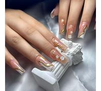 MouyouGlow Press on Nails Largo, Cuadrado Blanco Francés 3D Margaritas Flores Floral Oro Striped Design Fake Nails with Nail Glue, White French Flowers Y2K INS Pearl Artificial Fingernails